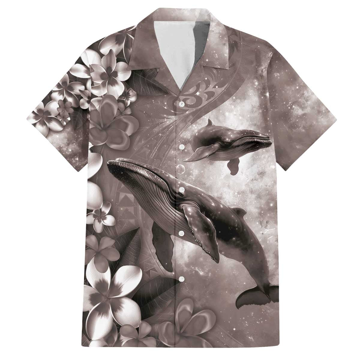 Hawaiian Lei Day Plumeria Humpback Whales Family Matching Off The Shoulder Long Sleeve Dress and Hawaiian Shirt Polynesian Art Vibrant Starry Nebula Grayscale Style
