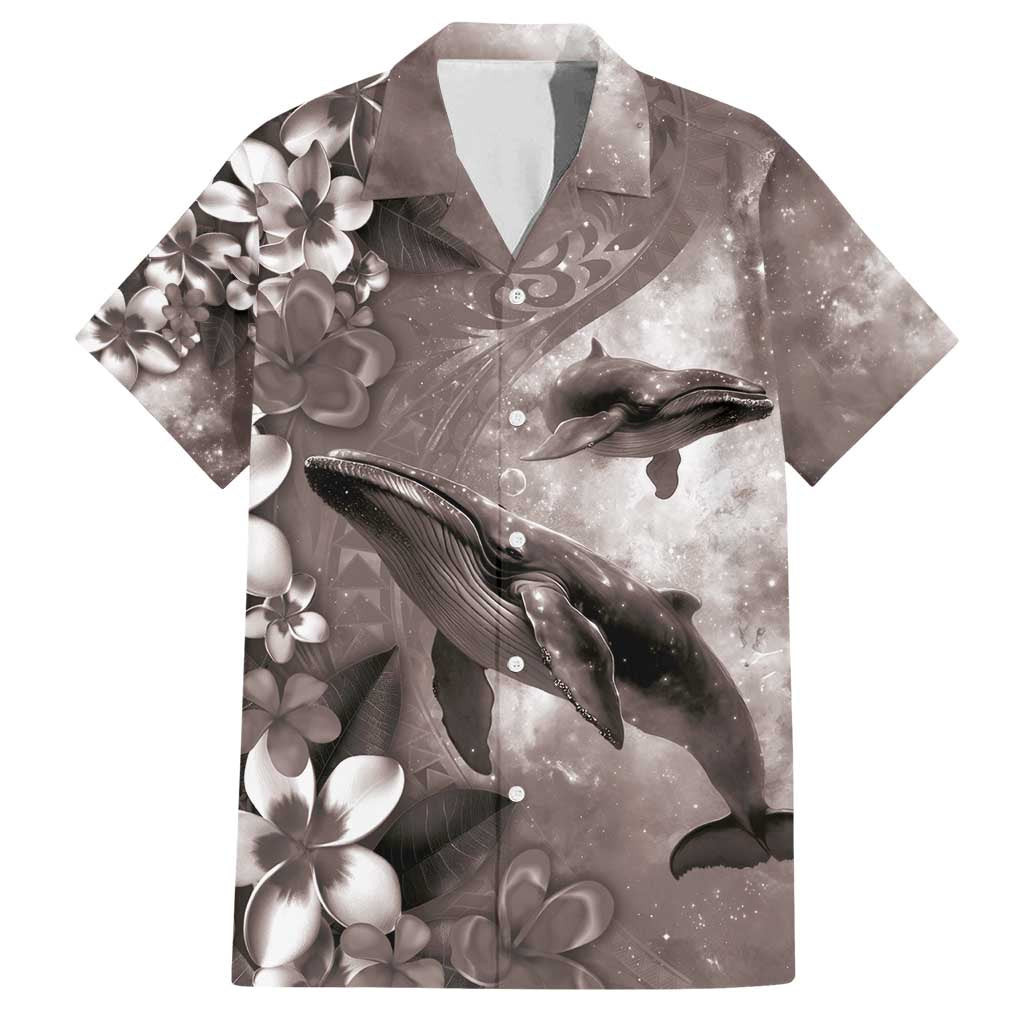 Hawaiian Lei Day Plumeria Humpback Whales Family Matching Off Shoulder Short Dress and Hawaiian Shirt Polynesian Art Vibrant Starry Nebula Grayscale Style