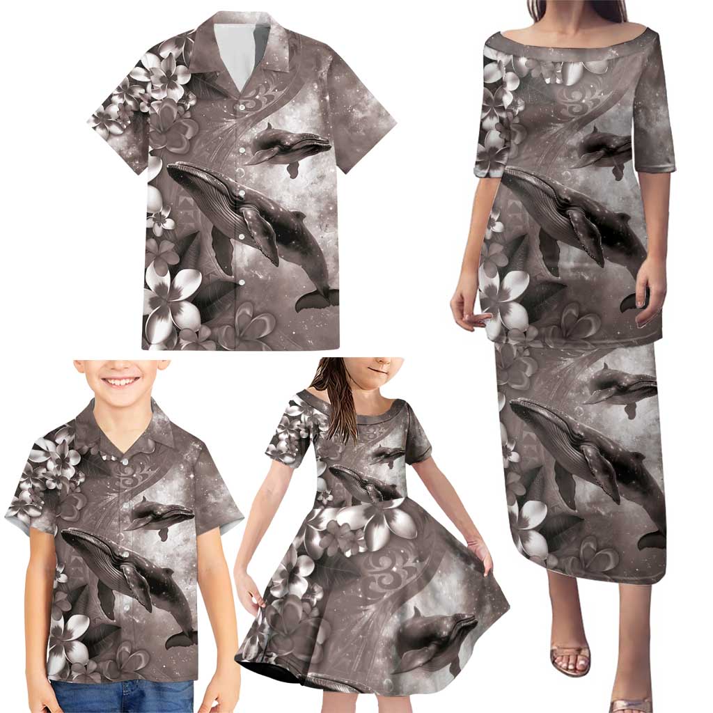 Hawaiian Lei Day Plumeria Humpback Whales Family Matching Puletasi and Hawaiian Shirt Polynesian Art Vibrant Starry Nebula Grayscale Style