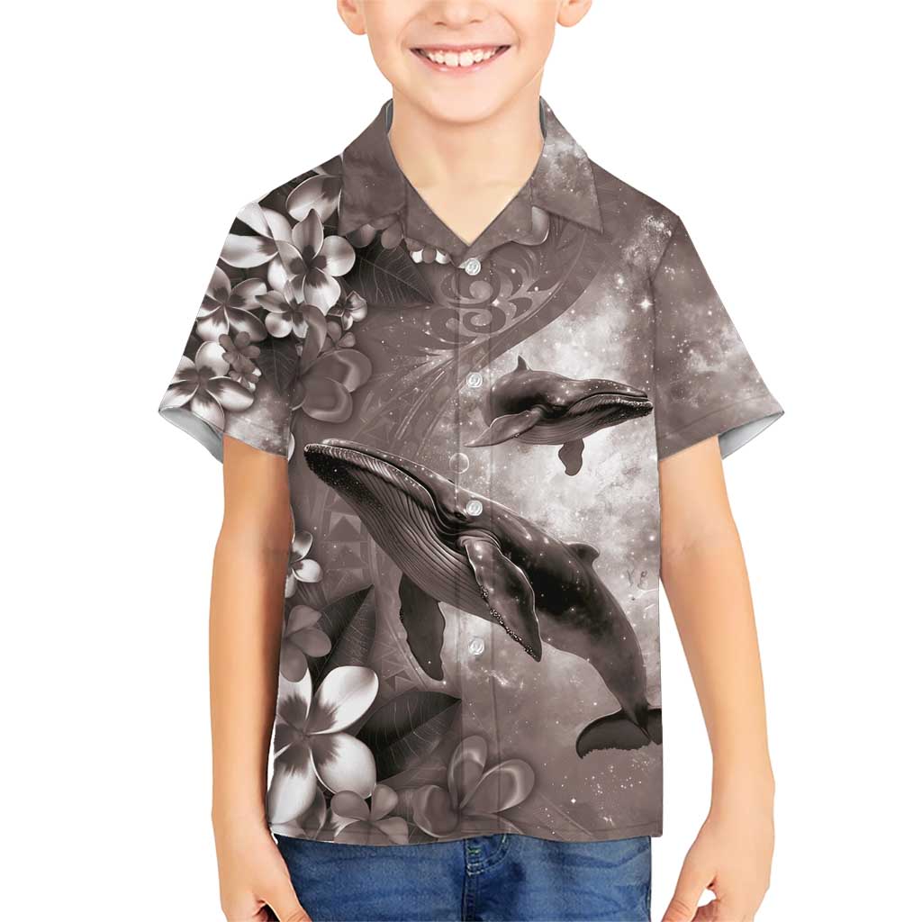 Hawaiian Lei Day Plumeria Humpback Whales Family Matching Short Sleeve Bodycon Dress and Hawaiian Shirt Polynesian Art Vibrant Starry Nebula Grayscale Style