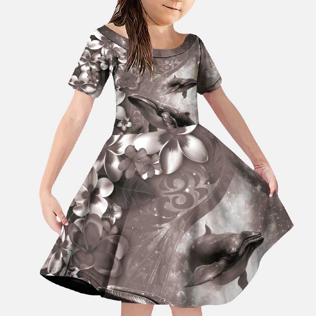 Hawaiian Lei Day Plumeria Humpback Whales Family Matching Tank Maxi Dress and Hawaiian Shirt Polynesian Art Vibrant Starry Nebula Grayscale Style LT03 Daughter's Dress Art - Polynesian Pride