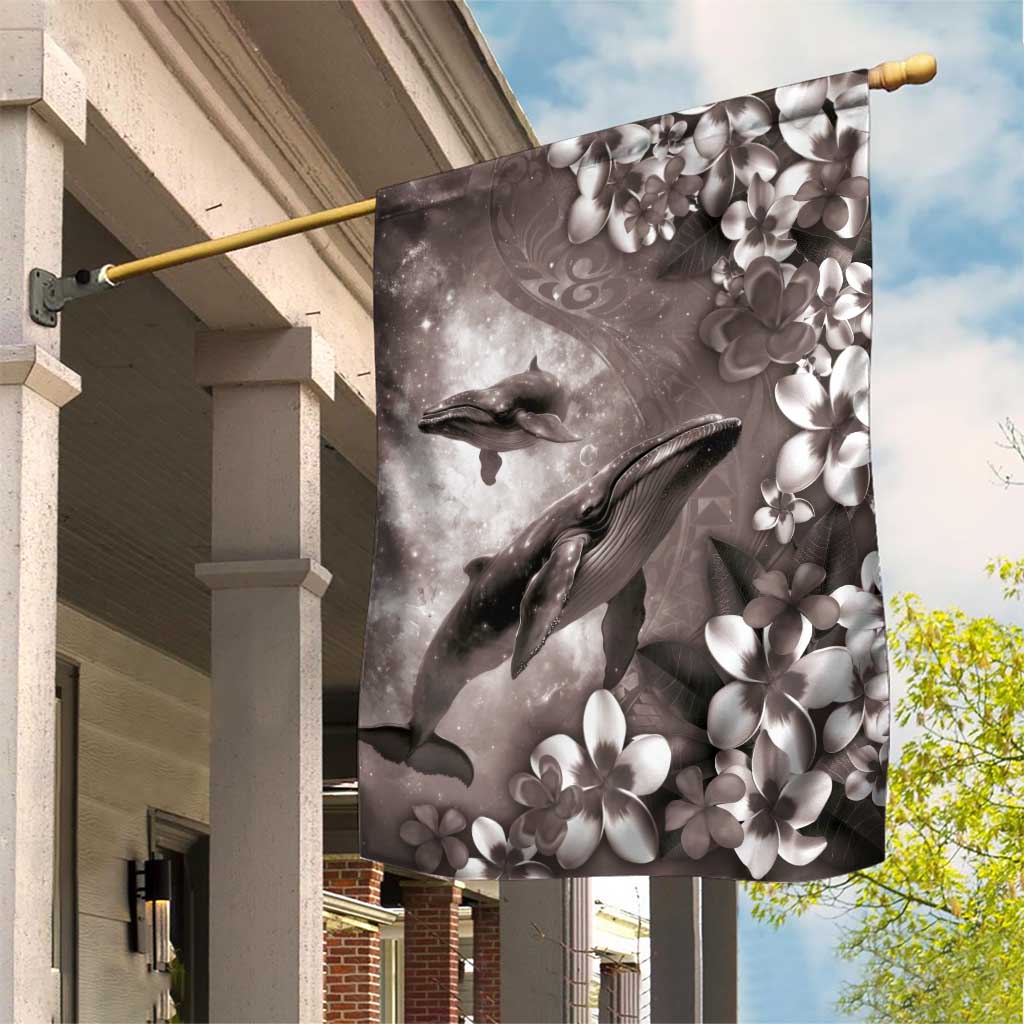 Hawaiian Lei Day Plumeria Humpback Whales Garden Flag Polynesian Art Vibrant Starry Nebula Grayscale Style