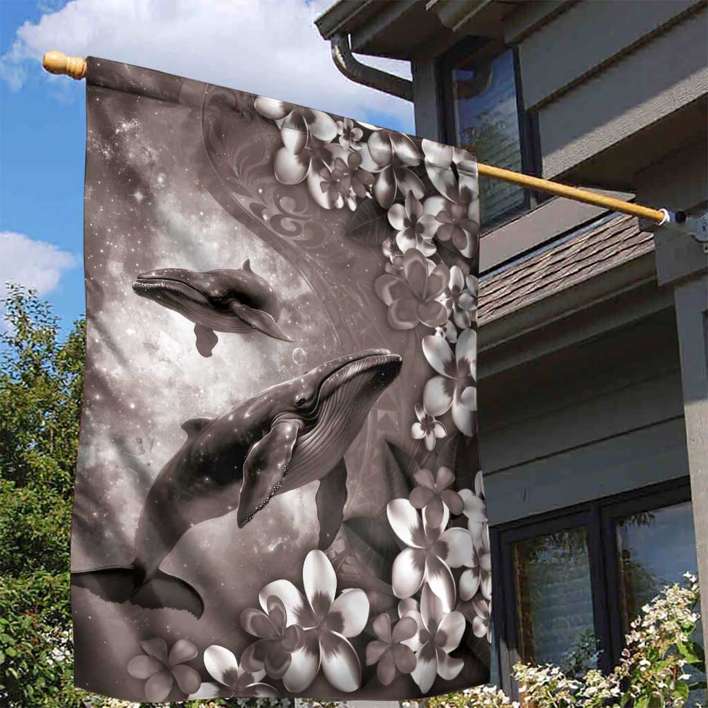 Hawaiian Lei Day Plumeria Humpback Whales Garden Flag Polynesian Art Vibrant Starry Nebula Grayscale Style