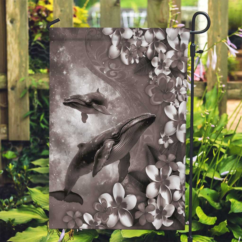Hawaiian Lei Day Plumeria Humpback Whales Garden Flag Polynesian Art Vibrant Starry Nebula Grayscale Style