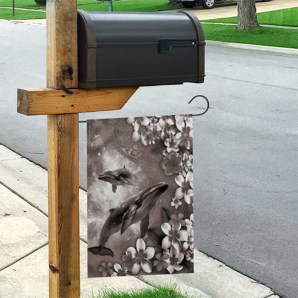 Hawaiian Lei Day Plumeria Humpback Whales Garden Flag Polynesian Art Vibrant Starry Nebula Grayscale Style