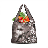 Hawaiian Lei Day Plumeria Humpback Whales Grocery Bag Polynesian Art Vibrant Starry Nebula Grayscale Style