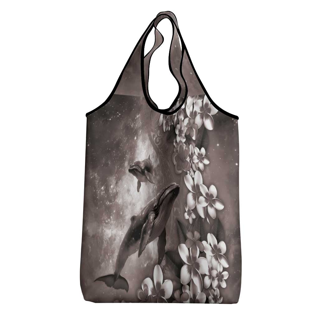 Hawaiian Lei Day Plumeria Humpback Whales Grocery Bag Polynesian Art Vibrant Starry Nebula Grayscale Style