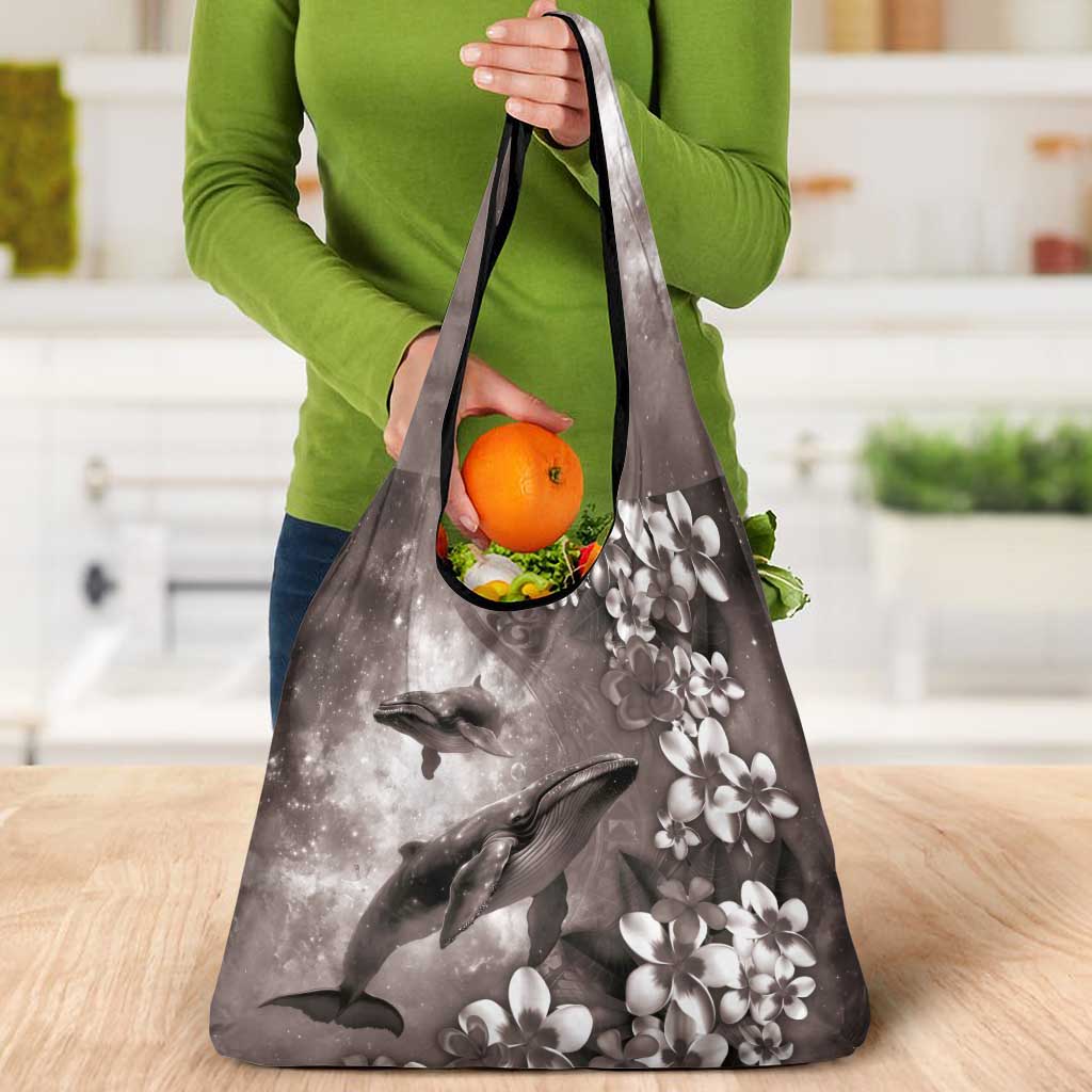 Hawaiian Lei Day Plumeria Humpback Whales Grocery Bag Polynesian Art Vibrant Starry Nebula Grayscale Style