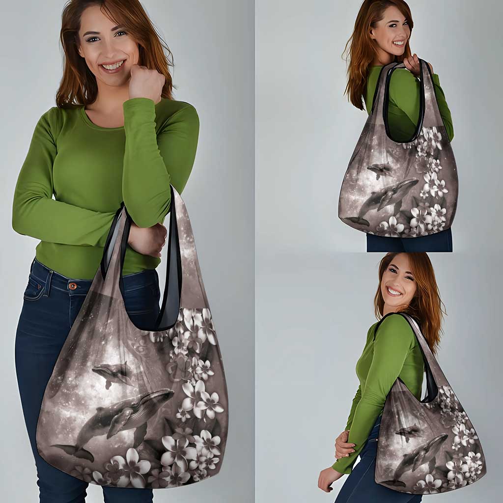 Hawaiian Lei Day Plumeria Humpback Whales Grocery Bag Polynesian Art Vibrant Starry Nebula Grayscale Style