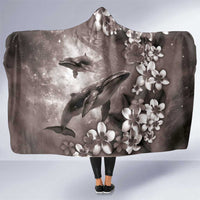 Hawaiian Lei Day Plumeria Humpback Whales Hooded Blanket Polynesian Art Vibrant Starry Nebula Grayscale Style
