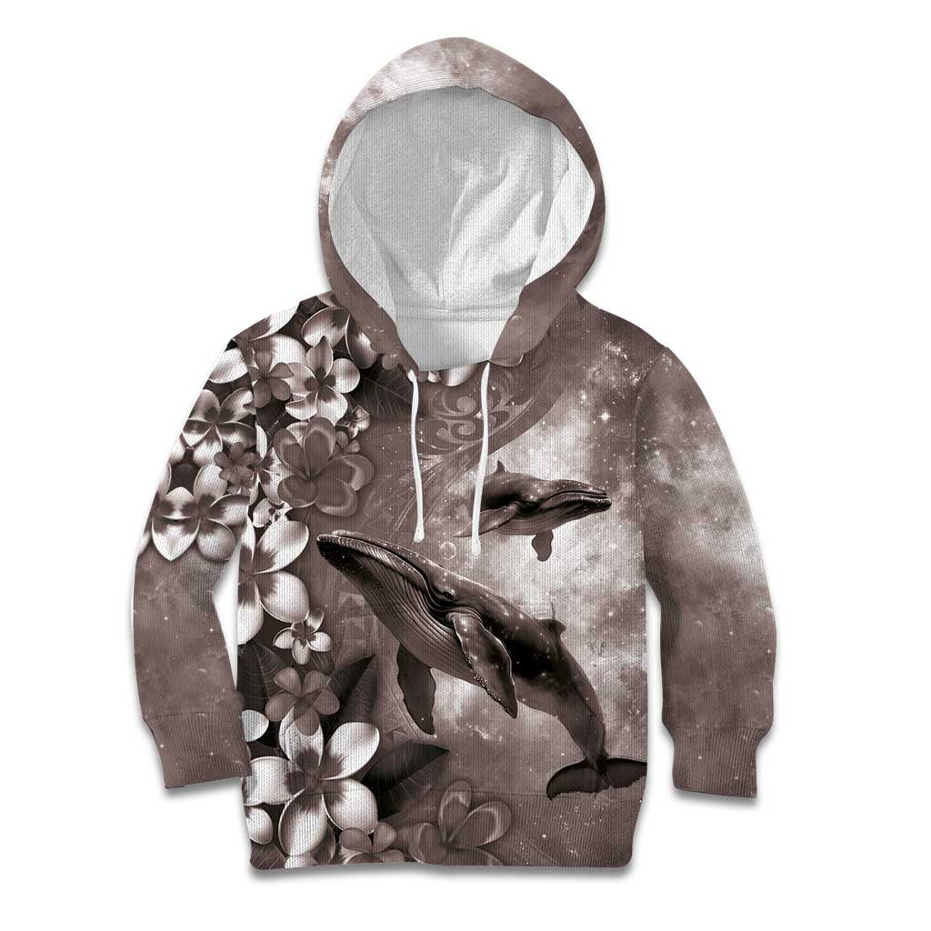 Hawaiian Lei Day Plumeria Humpback Whales Kid Hoodie Polynesian Art Vibrant Starry Nebula Grayscale Style