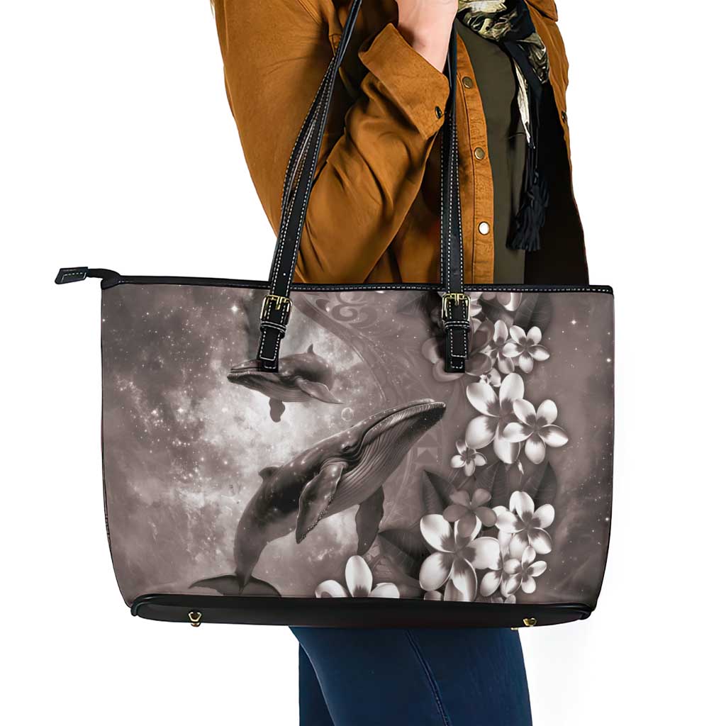 Hawaiian Lei Day Plumeria Humpback Whales Leather Tote Bag Polynesian Art Vibrant Starry Nebula Grayscale Style