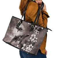 Hawaiian Lei Day Plumeria Humpback Whales Leather Tote Bag Polynesian Art Vibrant Starry Nebula Grayscale Style