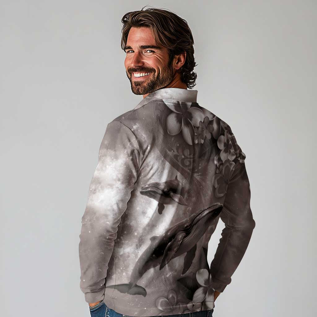 Hawaiian Lei Day Plumeria Humpback Whales Long Sleeve Polo Shirt Polynesian Art Vibrant Starry Nebula Grayscale Style