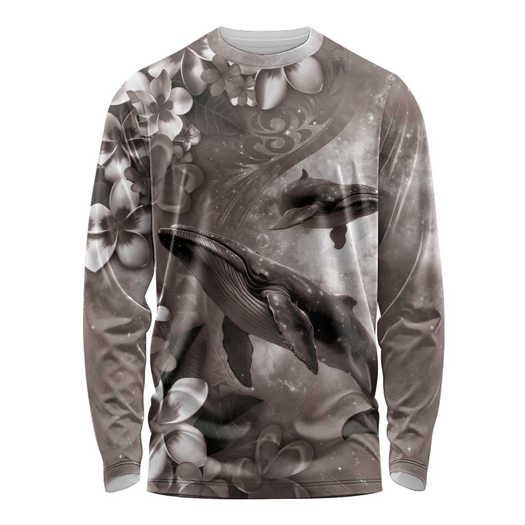 Hawaiian Lei Day Plumeria Humpback Whales Long Sleeve Shirt Polynesian Art Vibrant Starry Nebula Grayscale Style