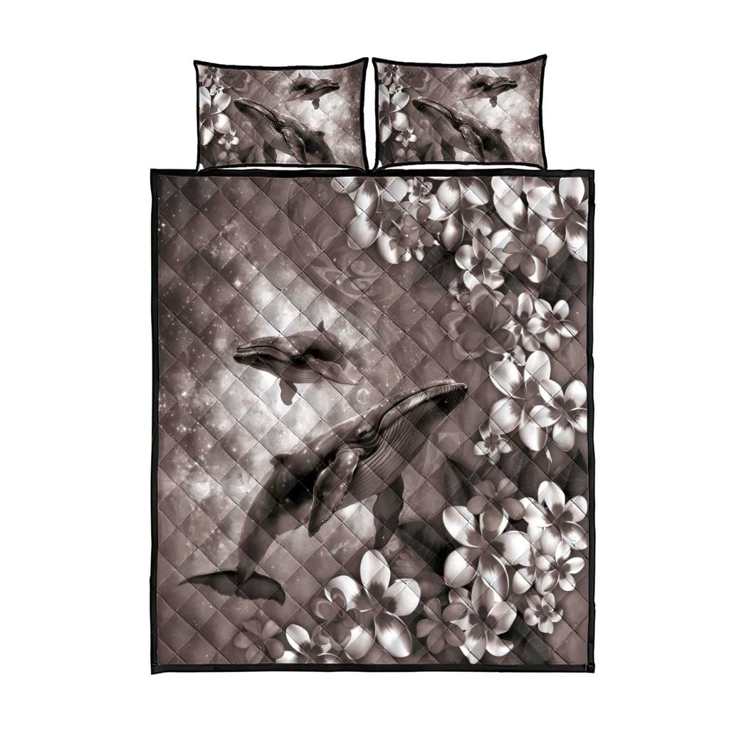 Hawaiian Lei Day Plumeria Humpback Whales Quilt Bed Set Polynesian Art Vibrant Starry Nebula Grayscale Style