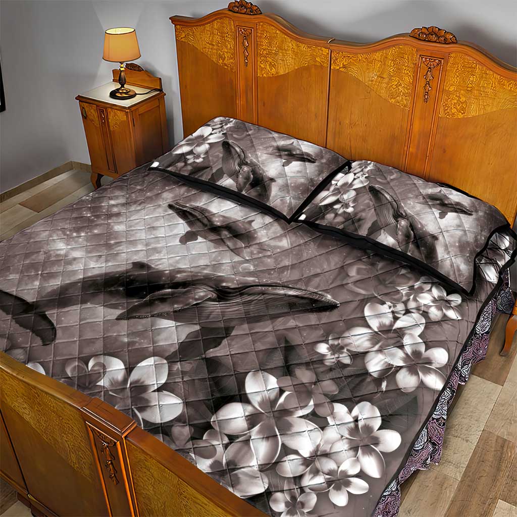 Hawaiian Lei Day Plumeria Humpback Whales Quilt Bed Set Polynesian Art Vibrant Starry Nebula Grayscale Style