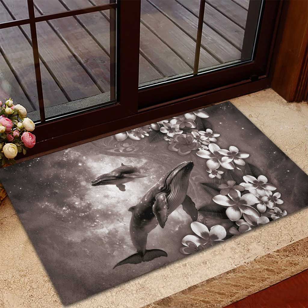 Hawaiian Lei Day Plumeria Humpback Whales Rubber Doormat Polynesian Art Vibrant Starry Nebula Grayscale Style