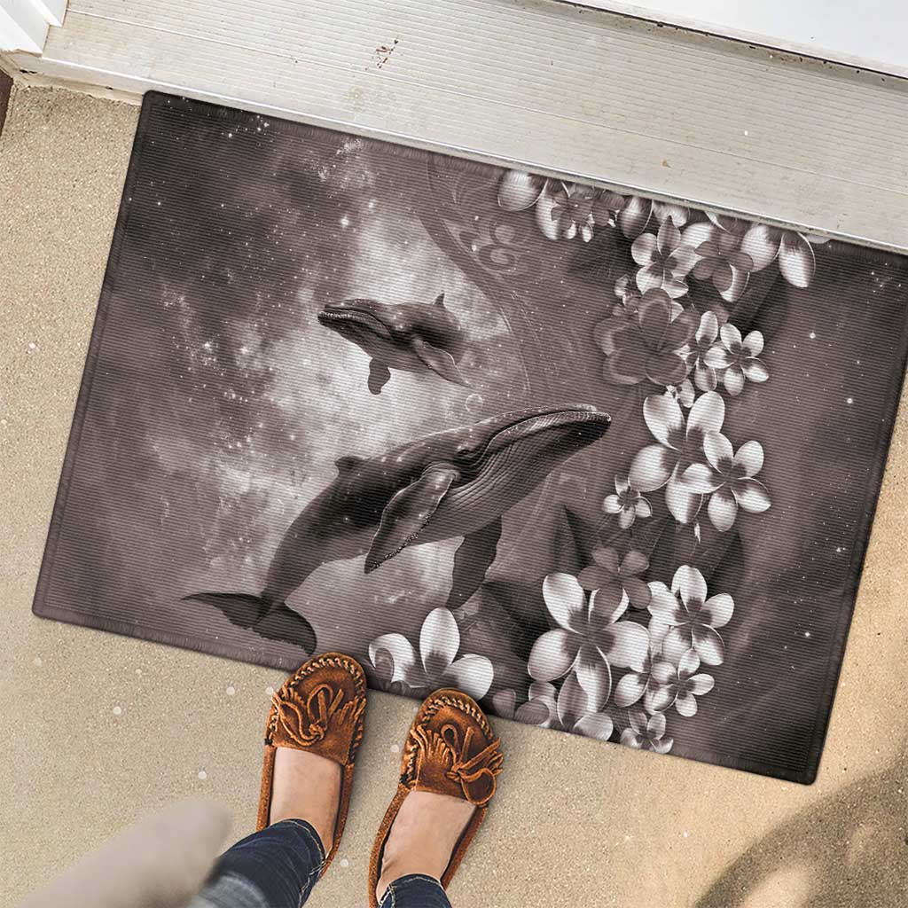 Hawaiian Lei Day Plumeria Humpback Whales Rubber Doormat Polynesian Art Vibrant Starry Nebula Grayscale Style