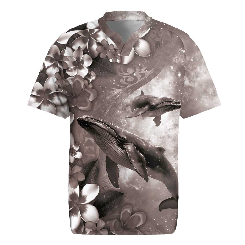 Hawaiian Lei Day Plumeria Humpback Whales Rugby Jersey Polynesian Art Vibrant Starry Nebula Grayscale Style