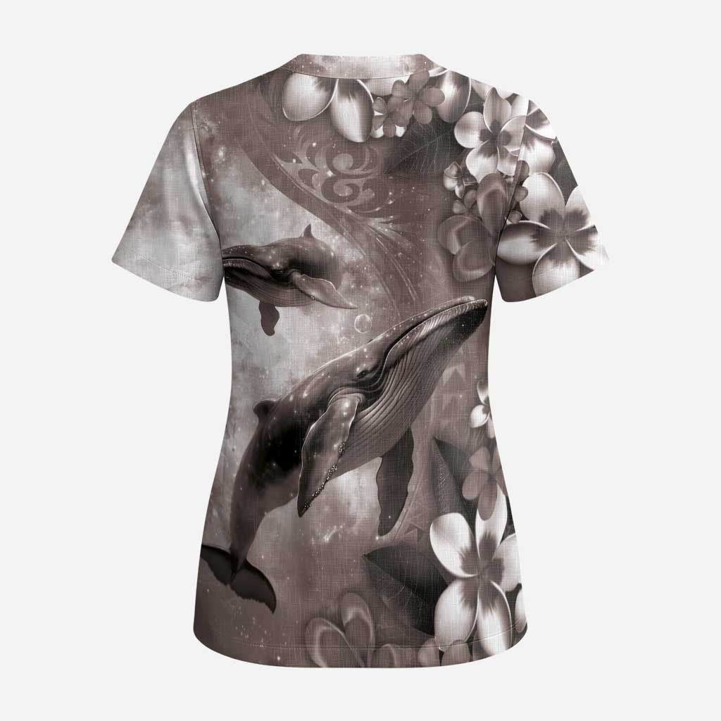 Hawaiian Lei Day Plumeria Humpback Whales Scrub Top Polynesian Art Vibrant Starry Nebula Grayscale Style - Polynesian Pride
