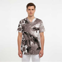 Hawaiian Lei Day Plumeria Humpback Whales Scrub Top Polynesian Art Vibrant Starry Nebula Grayscale Style - Polynesian Pride