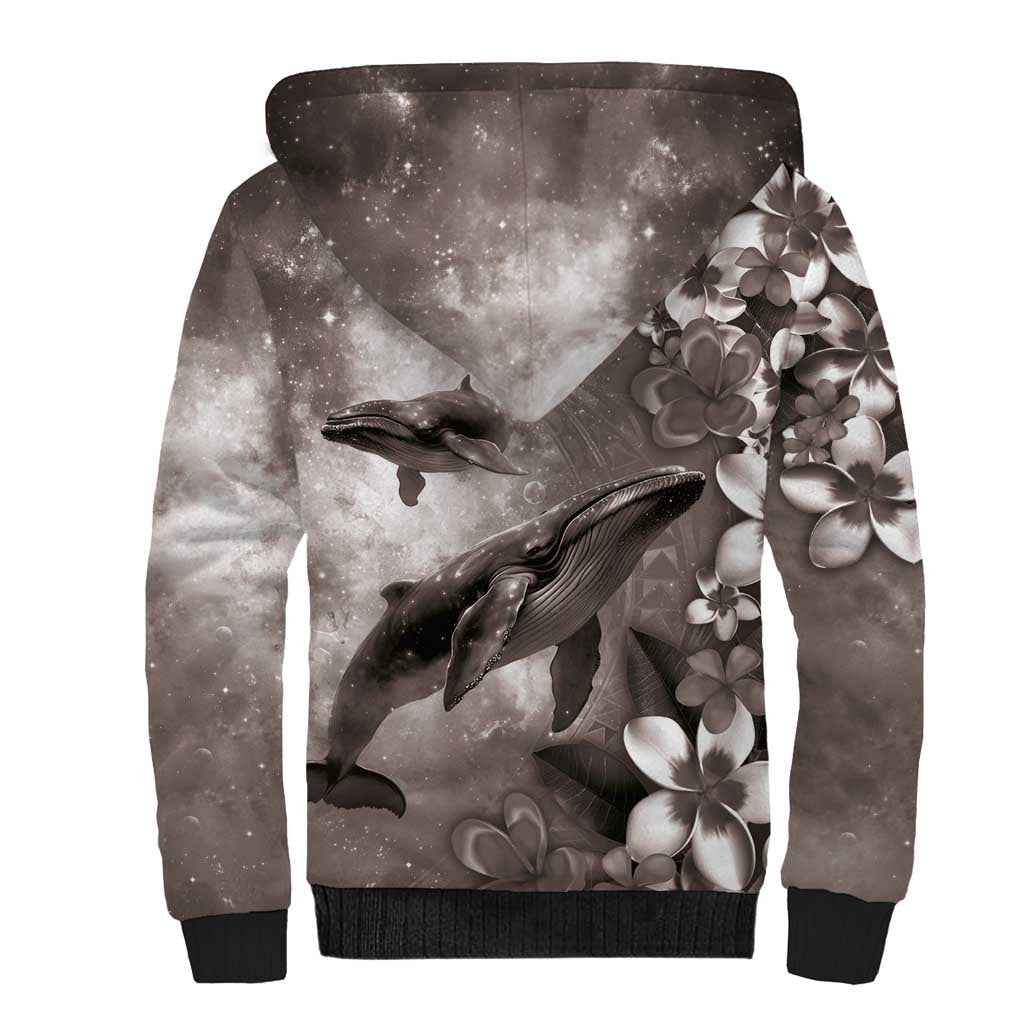 Hawaiian Lei Day Plumeria Humpback Whales Sherpa Hoodie Polynesian Art Vibrant Starry Nebula Grayscale Style