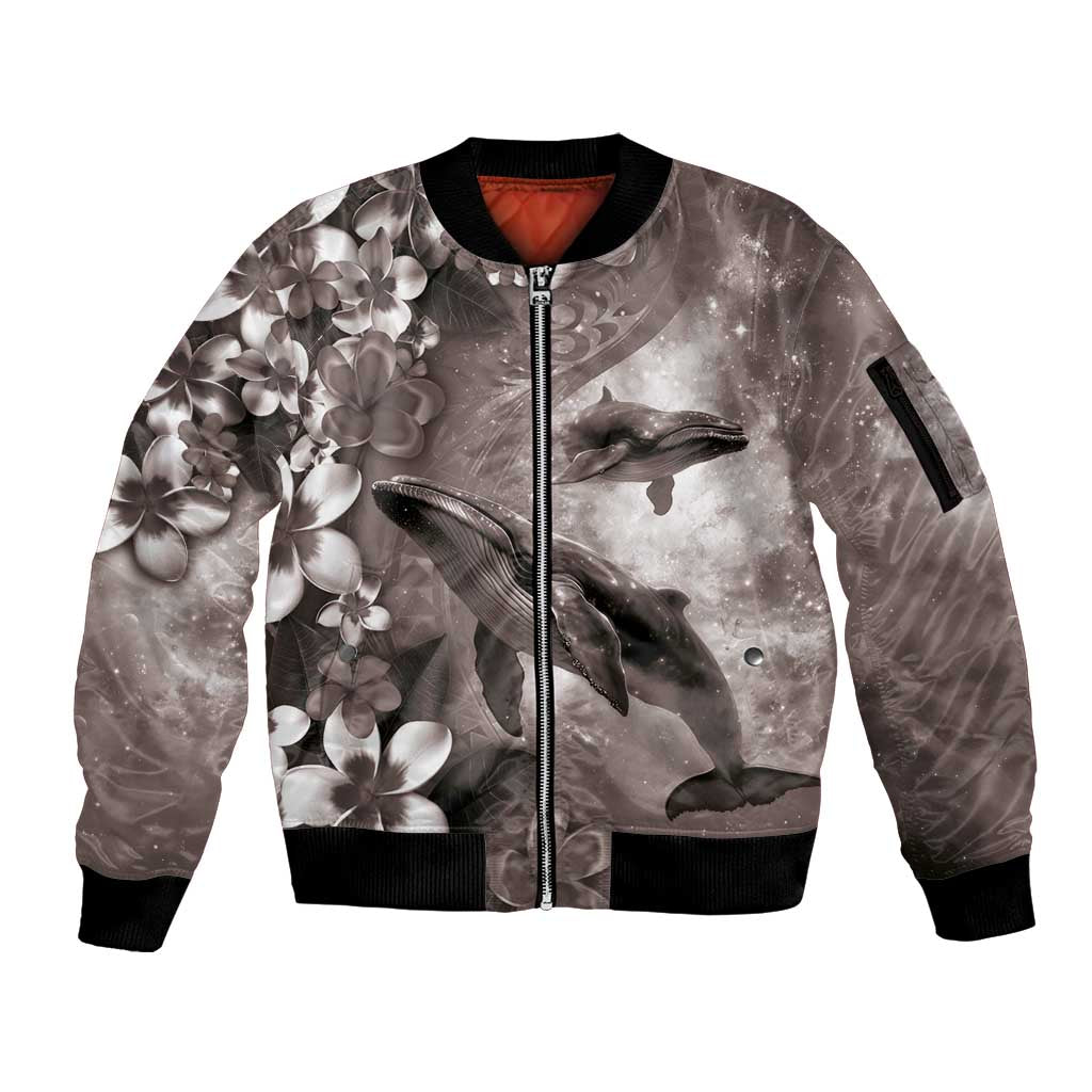 Hawaiian Lei Day Plumeria Humpback Whales Sleeve Zip Bomber Jacket Polynesian Art Vibrant Starry Nebula Grayscale Style LT03 Unisex Art - Polynesian Pride