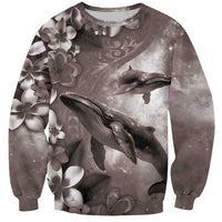 Hawaiian Lei Day Plumeria Humpback Whales Sweatshirt Polynesian Art Vibrant Starry Nebula Grayscale Style