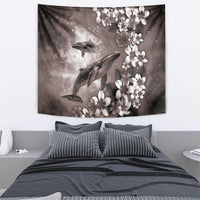 Hawaiian Lei Day Plumeria Humpback Whales Tapestry Polynesian Art Vibrant Starry Nebula Grayscale Style