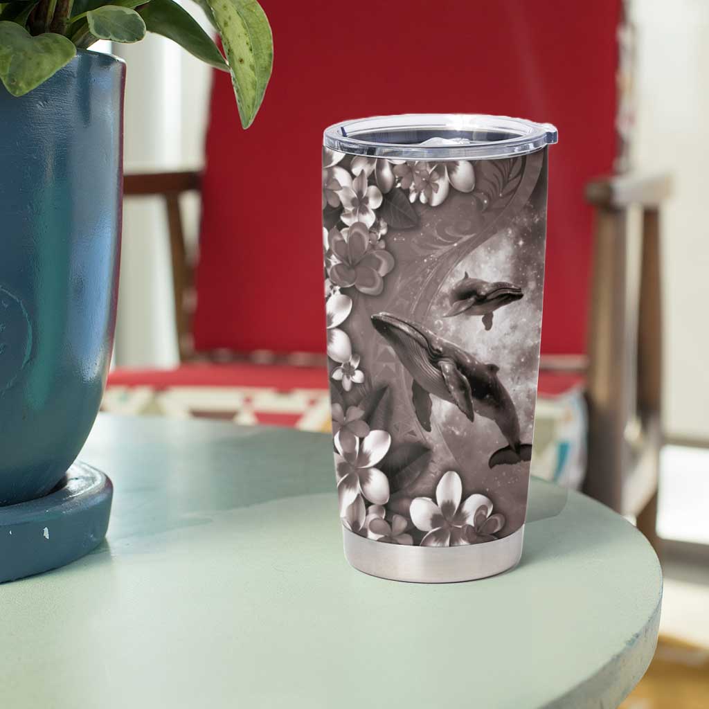 Hawaiian Lei Day Plumeria Humpback Whales Tumbler Cup Polynesian Art Vibrant Starry Nebula Grayscale Style