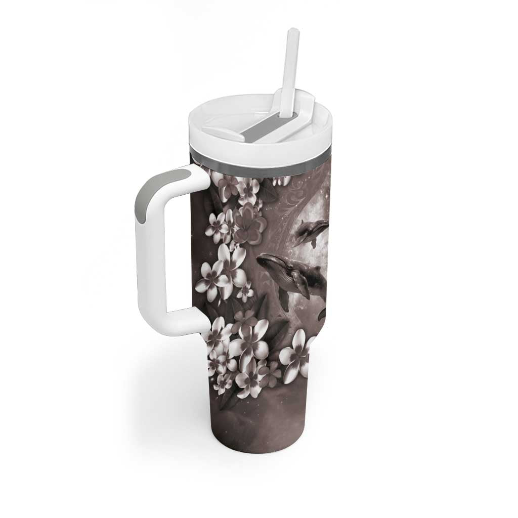 Hawaiian Lei Day Plumeria Humpback Whales Tumbler With Handle Polynesian Art Vibrant Starry Nebula Grayscale Style
