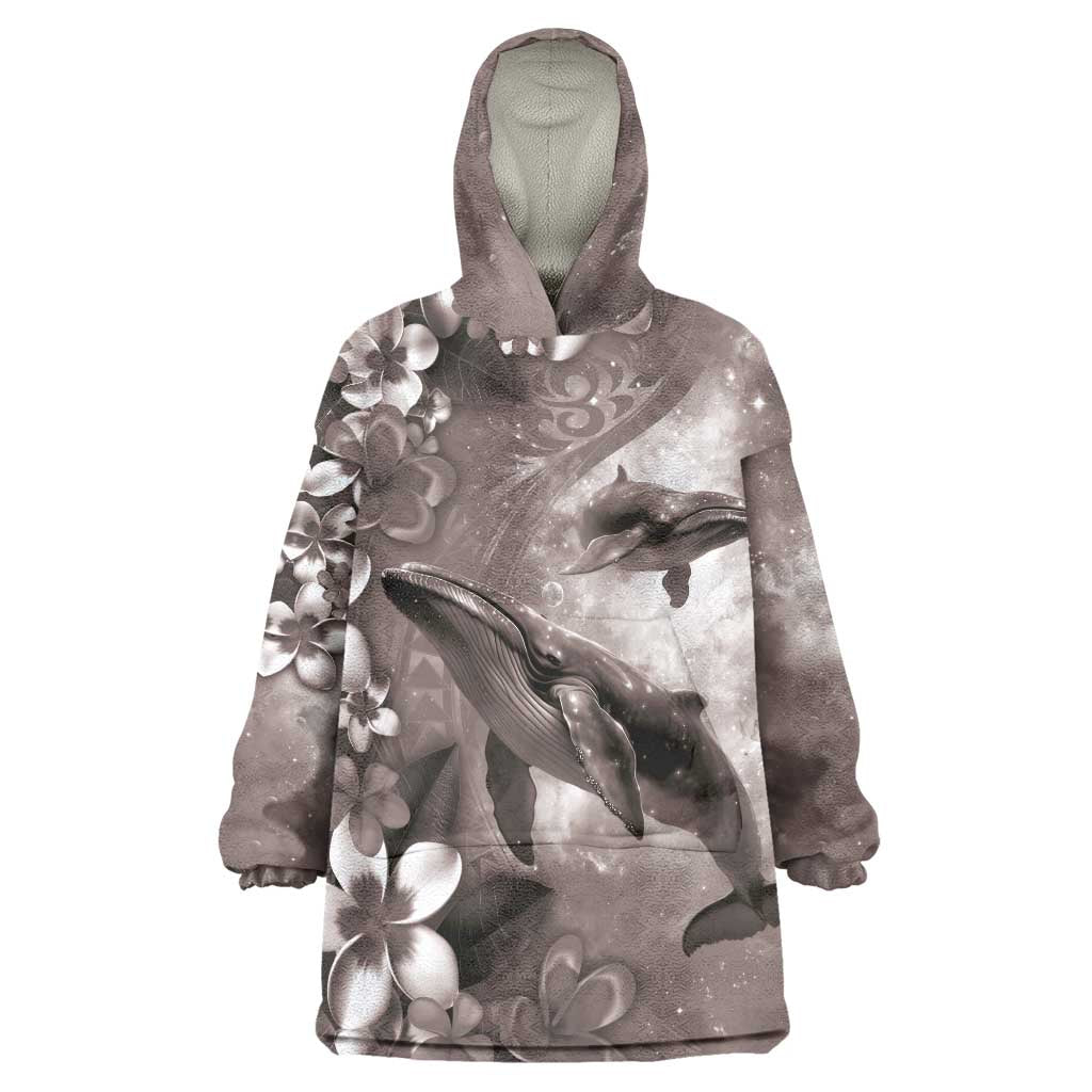 Hawaiian Lei Day Plumeria Humpback Whales Wearable Blanket Hoodie Polynesian Art Vibrant Starry Nebula Grayscale Style