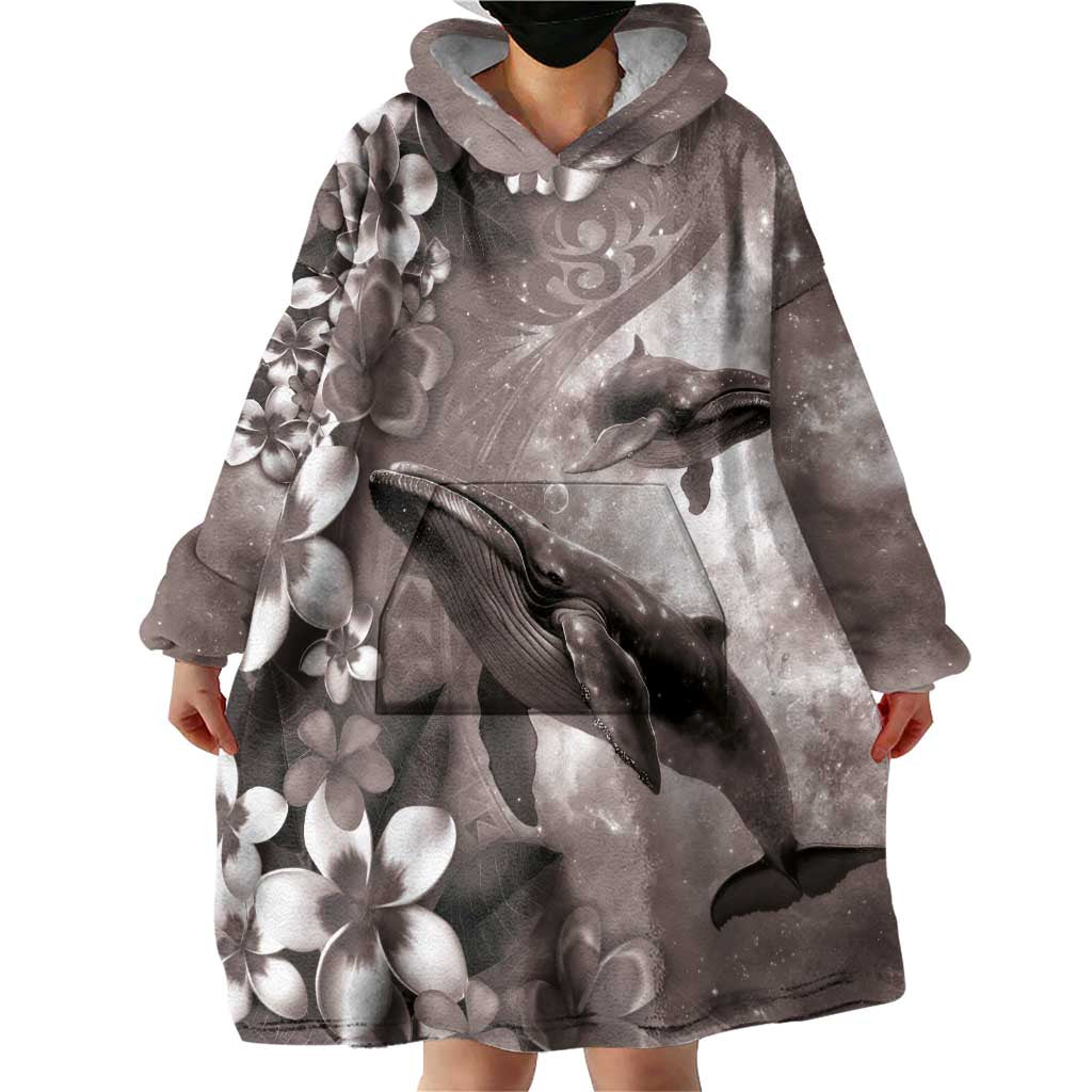 Hawaiian Lei Day Plumeria Humpback Whales Wearable Blanket Hoodie Polynesian Art Vibrant Starry Nebula Grayscale Style