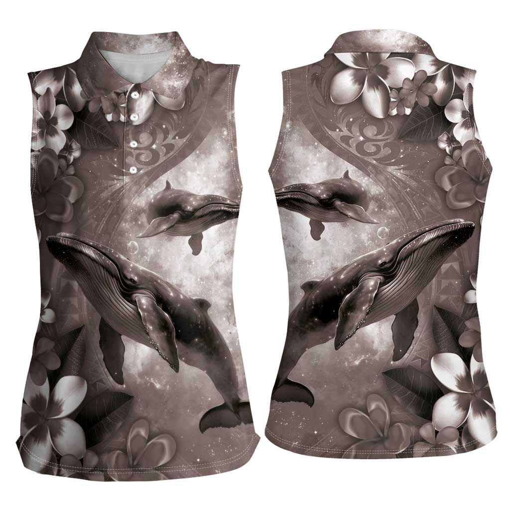 Hawaiian Lei Day Plumeria Humpback Whales Women Sleeveless Polo Shirt Polynesian Art Vibrant Starry Nebula Grayscale Style
