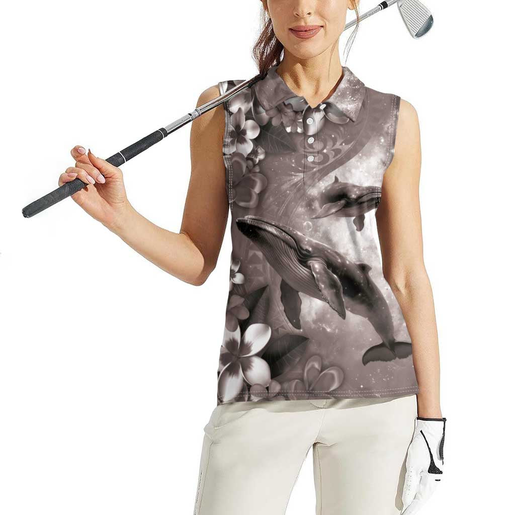 Hawaiian Lei Day Plumeria Humpback Whales Women Sleeveless Polo Shirt Polynesian Art Vibrant Starry Nebula Grayscale Style