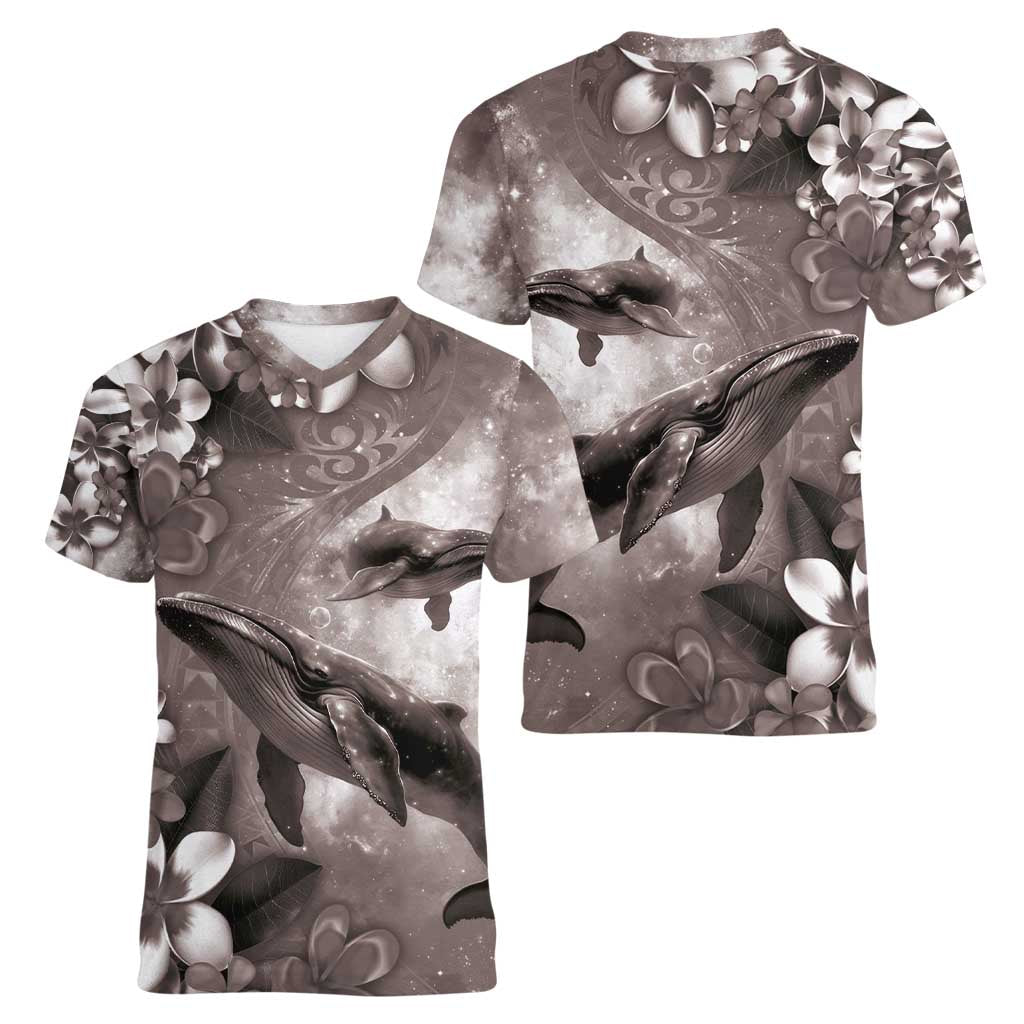 Hawaiian Lei Day Plumeria Humpback Whales Women V-Neck T-Shirt Polynesian Art Vibrant Starry Nebula Grayscale Style