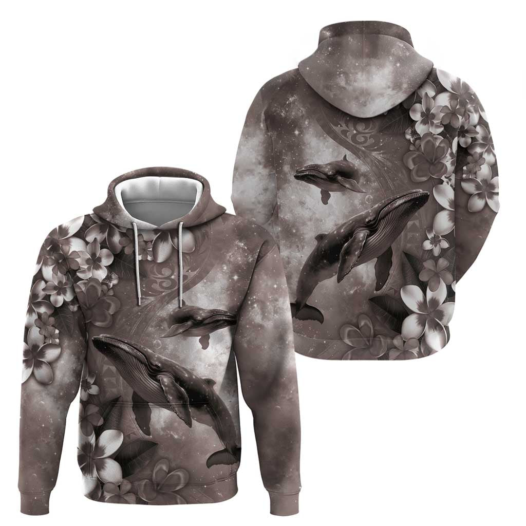 Hawaiian Lei Day Plumeria Humpback Whales Zip Hoodie Polynesian Art Vibrant Starry Nebula Grayscale Style
