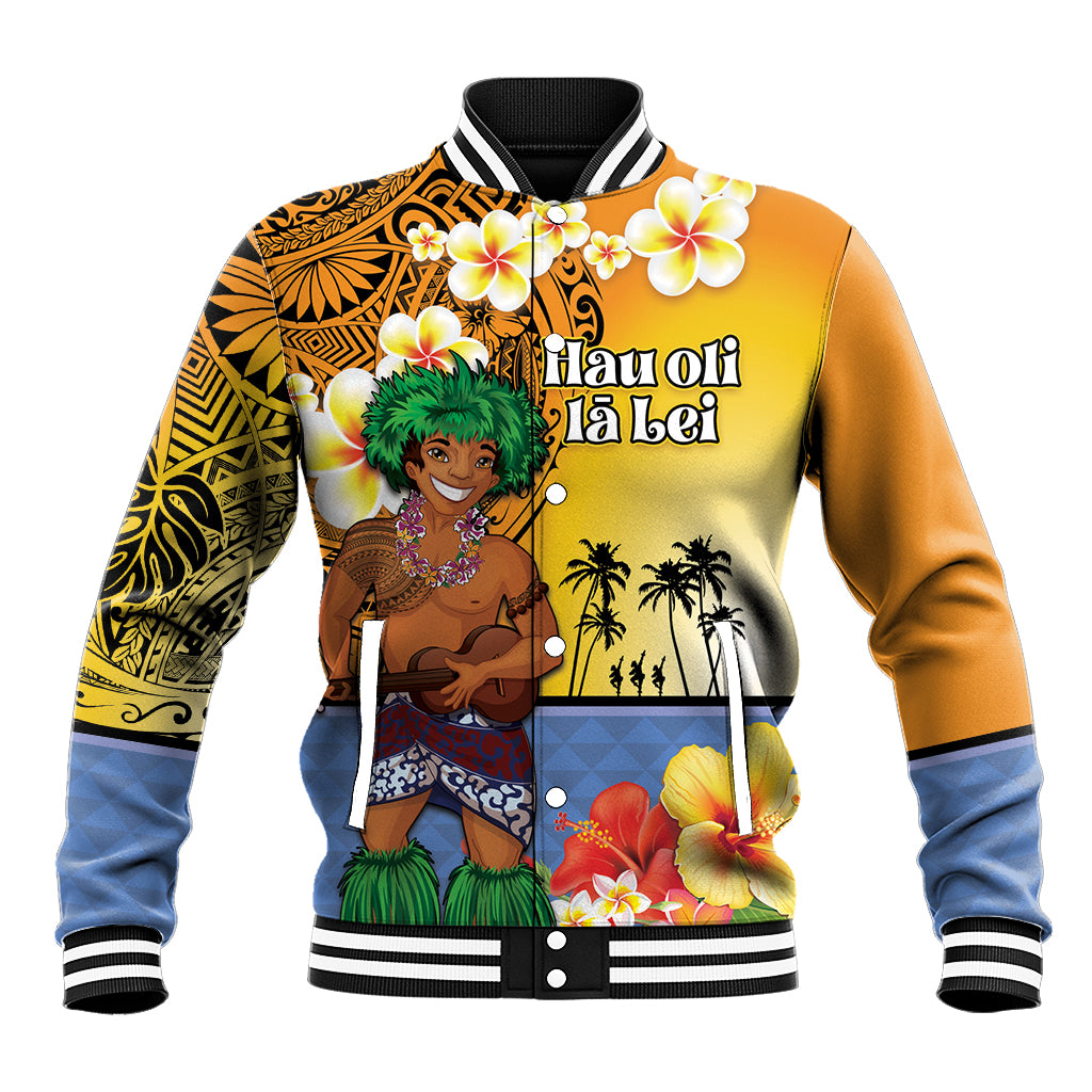 Happy Lei Day Baseball Jacket Hula Male Dancer Polynesian Flower Kakau Pattern