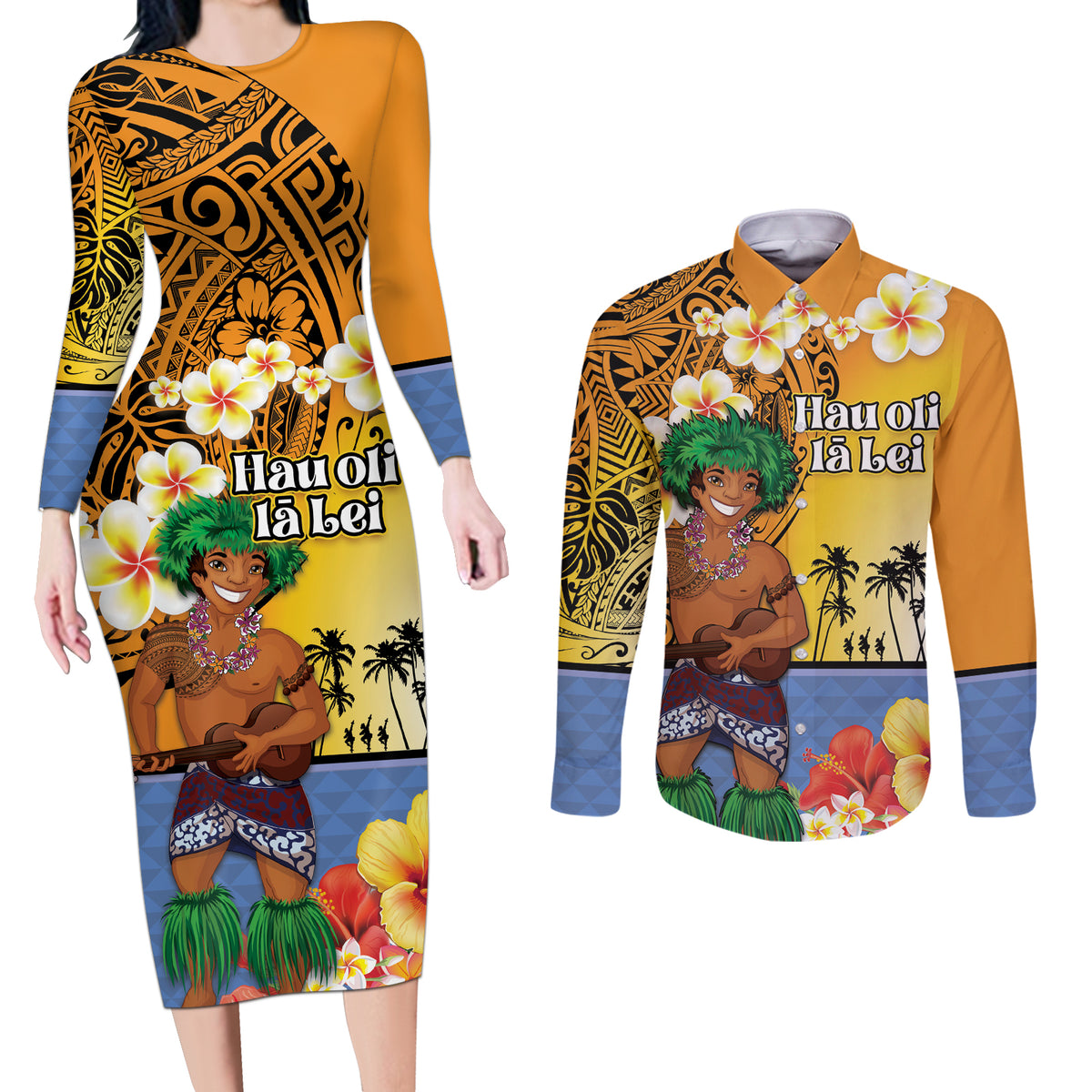 Happy Lei Day Couples Matching Long Sleeve Bodycon Dress and Long Sleeve Button Shirt Hula Male Dancer Polynesian Flower Kakau Pattern