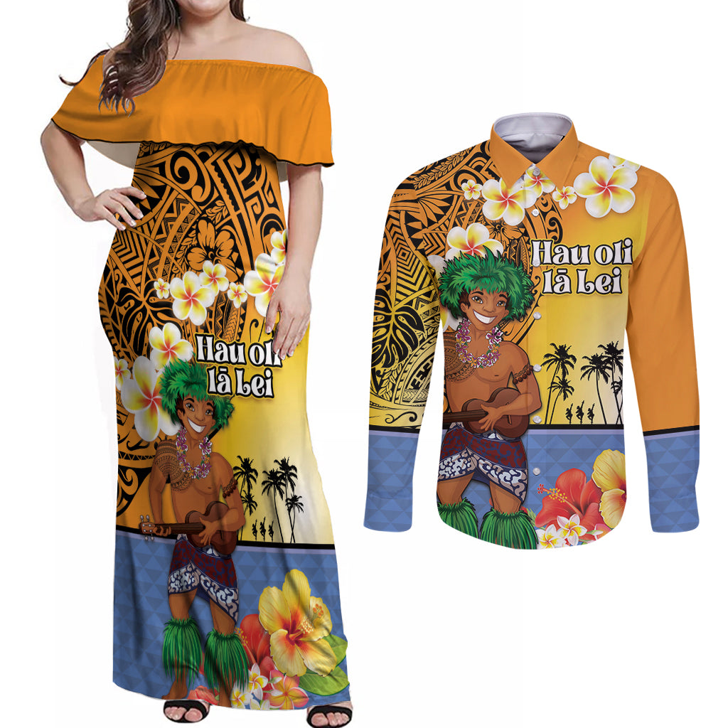 Happy Lei Day Couples Matching Off Shoulder Maxi Dress and Long Sleeve Button Shirt Hula Male Dancer Polynesian Flower Kakau Pattern