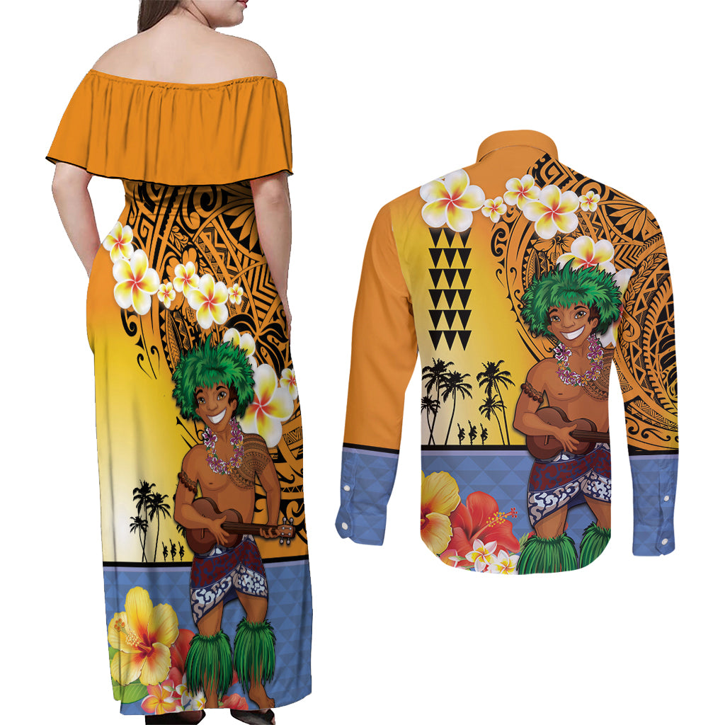 Happy Lei Day Couples Matching Off Shoulder Maxi Dress and Long Sleeve Button Shirt Hula Male Dancer Polynesian Flower Kakau Pattern