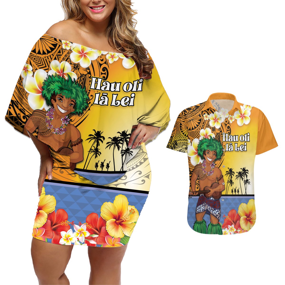 Happy Lei Day Couples Matching Off Shoulder Short Dress and Hawaiian Shirt Hula Male Dancer Polynesian Flower Kakau Pattern LT03 Yellow - Polynesian Pride