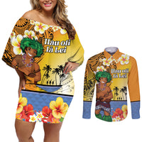 Happy Lei Day Couples Matching Off Shoulder Short Dress and Long Sleeve Button Shirt Hula Male Dancer Polynesian Flower Kakau Pattern