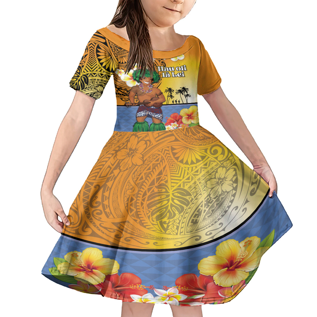 Happy Lei Day Kid Short Sleeve Dress Hula Male Dancer Polynesian Flower Kakau Pattern