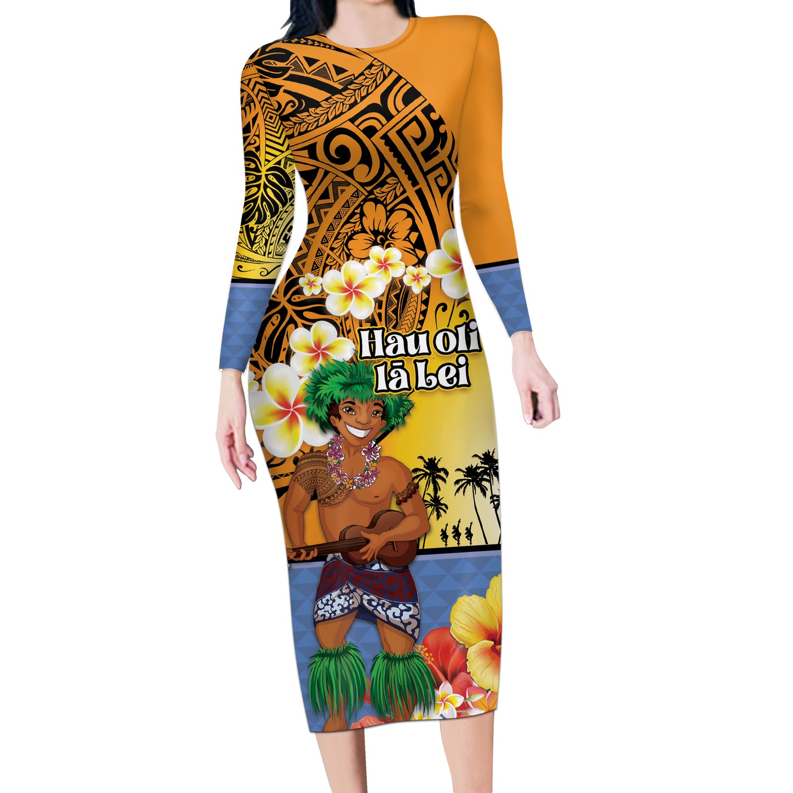 Happy Lei Day Long Sleeve Bodycon Dress Hula Male Dancer Polynesian Flower Kakau Pattern LT03 Long Dress Yellow - Polynesian Pride