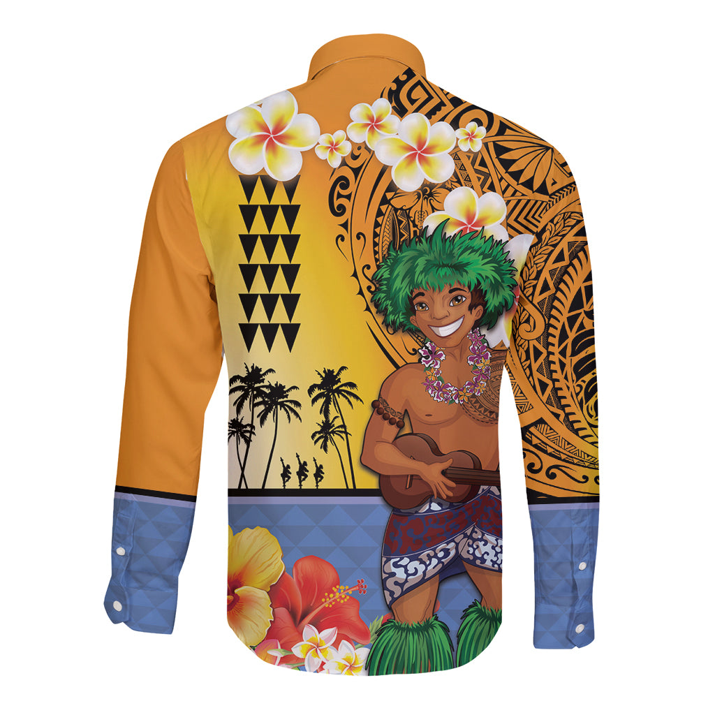 Happy Lei Day Long Sleeve Button Shirt Hula Male Dancer Polynesian Flower Kakau Pattern