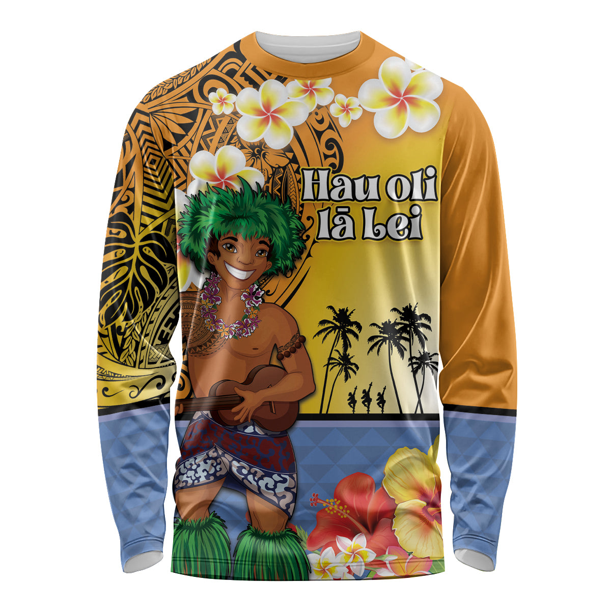 Happy Lei Day Long Sleeve Shirt Hula Male Dancer Polynesian Flower Kakau Pattern LT03 Unisex Yellow - Polynesian Pride