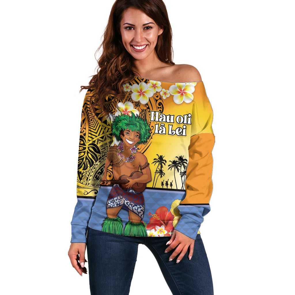 Happy Lei Day Off Shoulder Sweater Hula Male Dancer Polynesian Flower Kakau Pattern