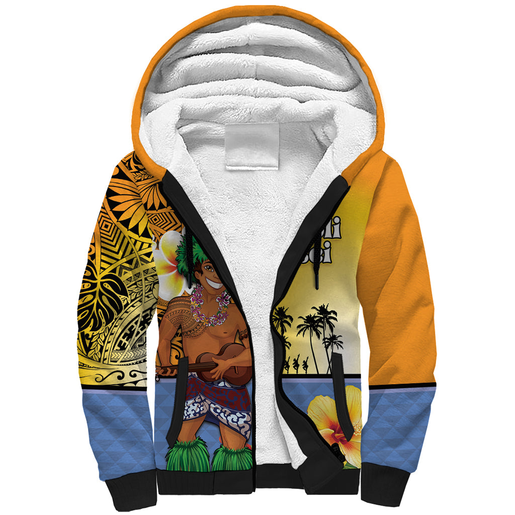 Happy Lei Day Sherpa Hoodie Hula Male Dancer Polynesian Flower Kakau Pattern